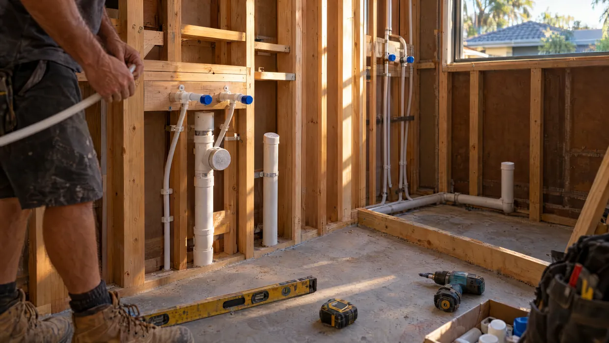 Bathroom rough-in with new water lines and waste pipes in exposed wall framing