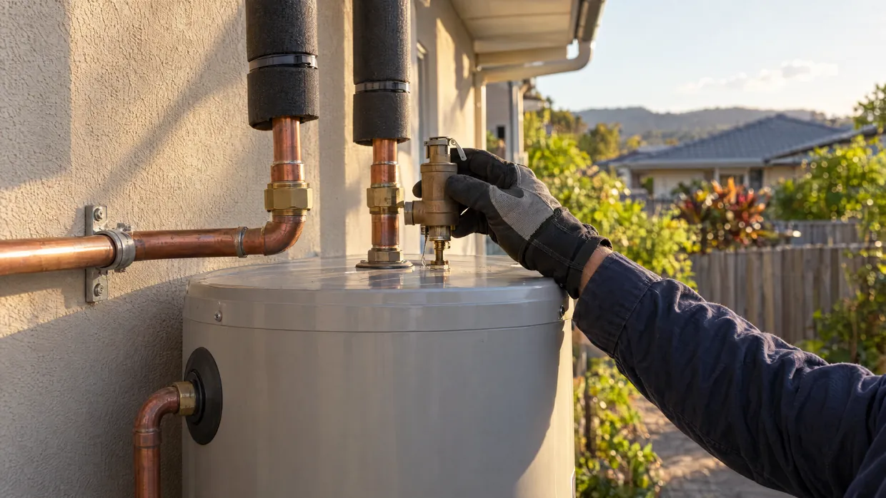 Plumber checking the relief valve on an outdoor hot water storage cylinder