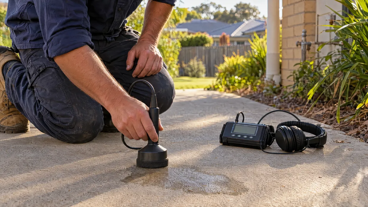 Plumber using an acoustic leak detection microphone on a concrete path