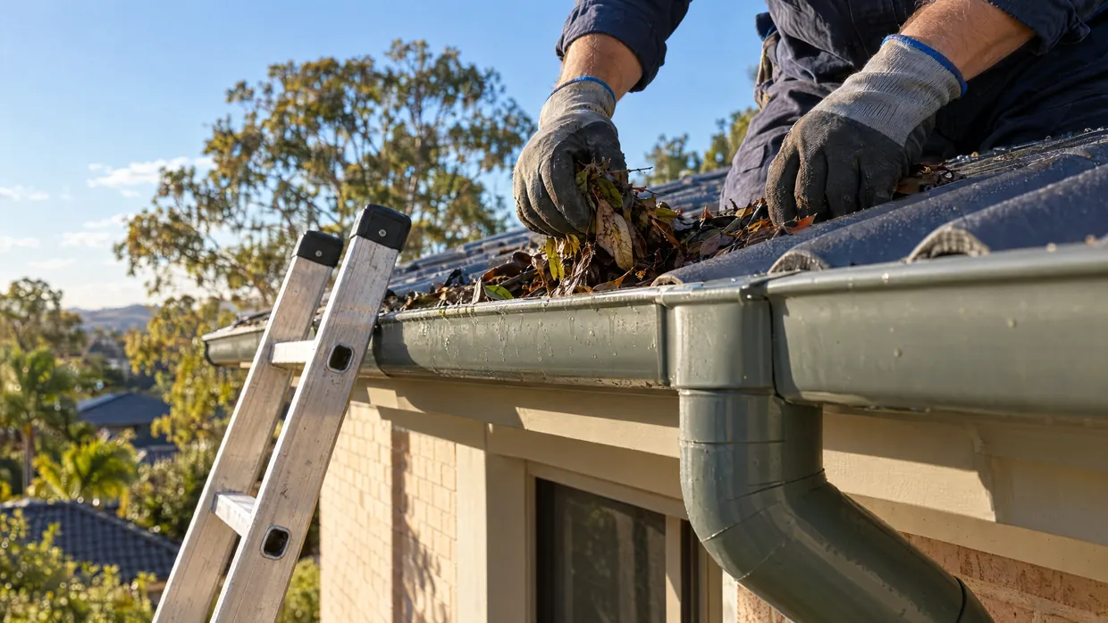 Gloved hands clearing leaves from a gutter beside a downpipe, with a ladder against the fascia