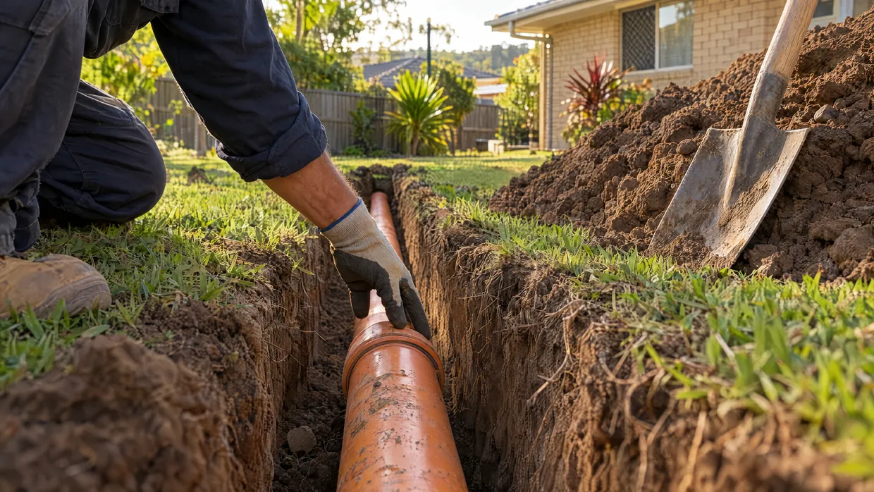 Excavated trench in a back lawn exposing a section of sewer pipe being repaired