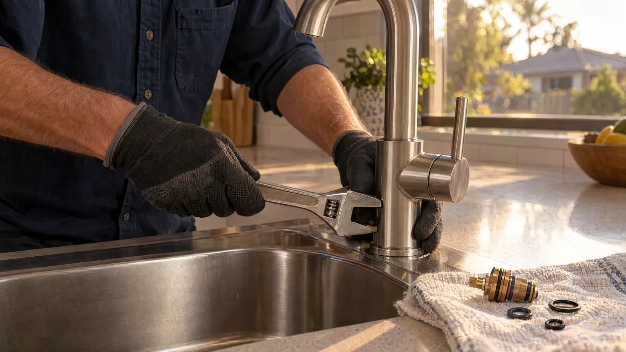 Hands fitting a brushed nickel mixer tap on a kitchen sink with a spanner