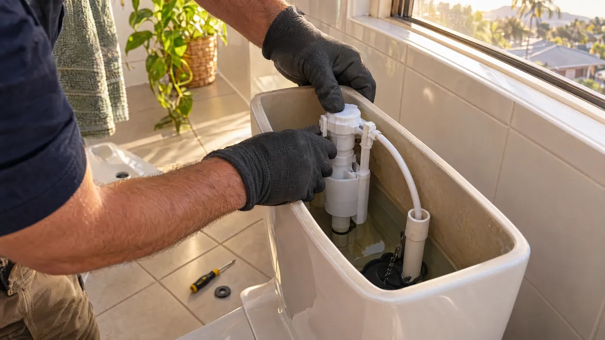 Open toilet cistern with gloved hands adjusting the inlet fill valve