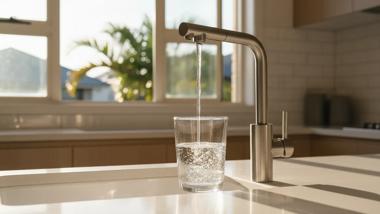 A glass being filled from a stainless kitchen mixer tap in a sunlit Queensland kitchen